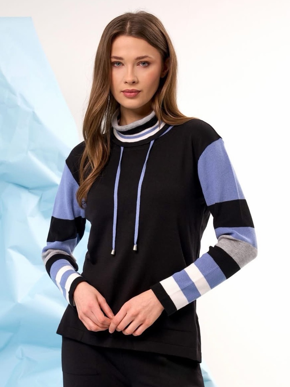 French Kyss Pullover Sweater with Periwinkle and White Stripe Sleeves